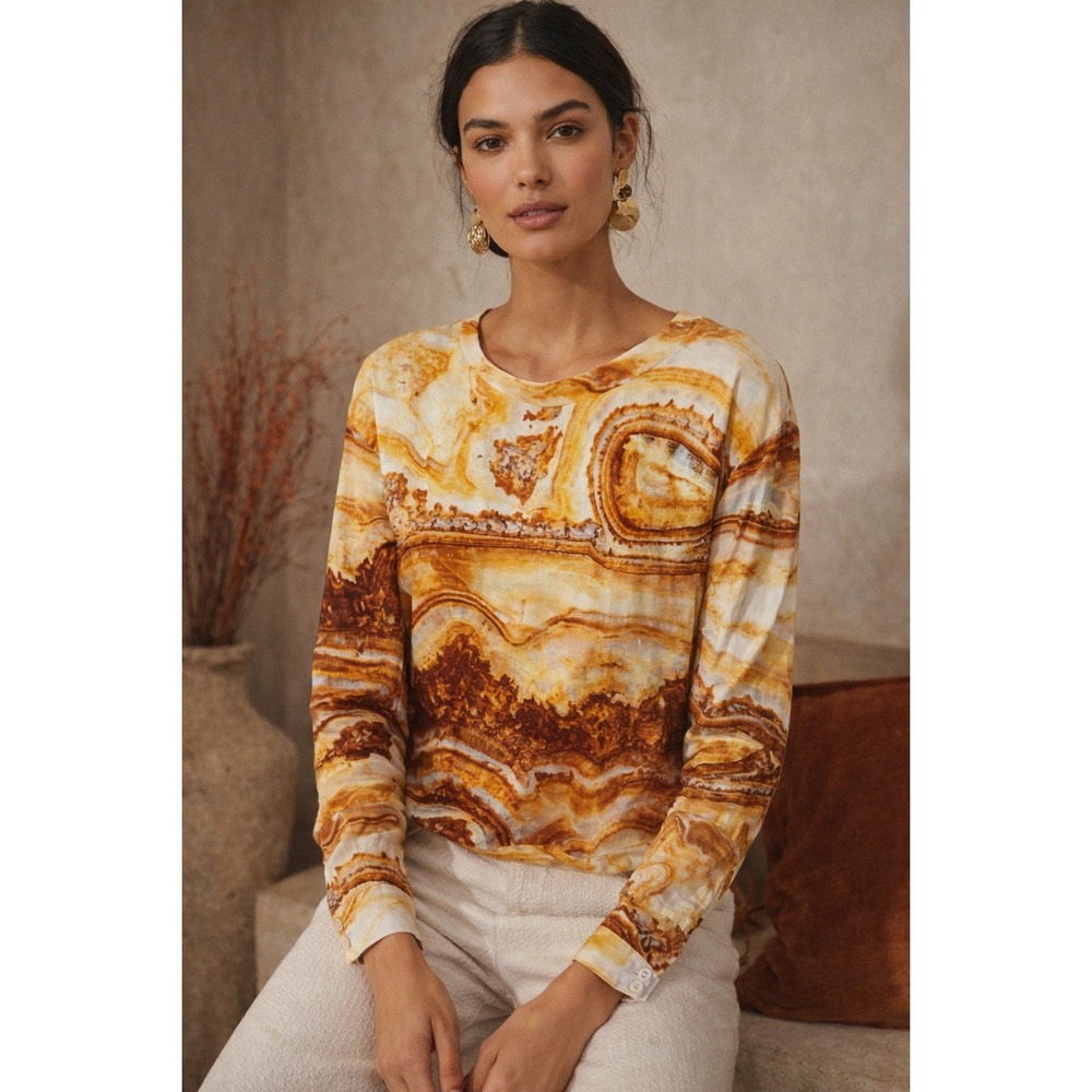 Le Superbe Agate Marble Print Long Sleeve Top Yellow Brown Women Size S NEW